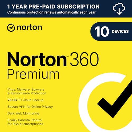 Norton 360 Premium 2024, Antivirus software for 10 Devices with Auto Renewal - Includes VPN, PC Cloud Backup & Dark Web Monitoring [Download]