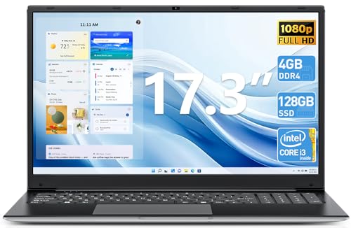 Naclud Laptops, 17.3 inch Laptop, 4GB DDR3 128GB SSD Notebook with Celeron i3-5005U CPU(up to 2.4 GHz), 1TB Expansion, Dual Band 5G WiFi, 8000mAh Battery, 2 * USB 3.2, BT5.0, Type-C, Black