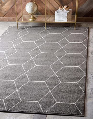 Unique Loom Trellis Frieze Collection Area Rug-Modern Morroccan Inspired Geometric Lattice Design, 5 x 8 ft, Dark Gray/Ivory