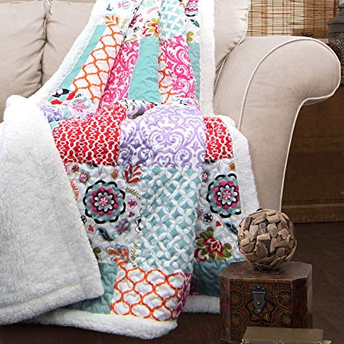 Lush Decor, Purple and Turquoise Brookdale Reversible Throw-Colorful Floral Pattern Patchwork Blanket-60 x 50", 60 x 50